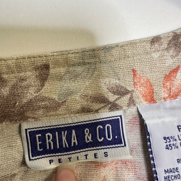 VTG Erika & Co Linen Cotton Blend Floral Buttoned Short Sleeve Top Petite Large - Picture 3 of 6